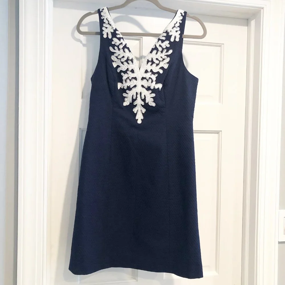 Lilly Pulitzer Coral Gabby Sleeveless Shift Dress True Navy White 4 NWT - Picture 2 of 15